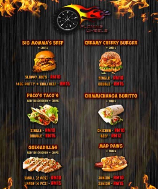 FLAMING WHEEL BURGERS MENU WITH PRICES