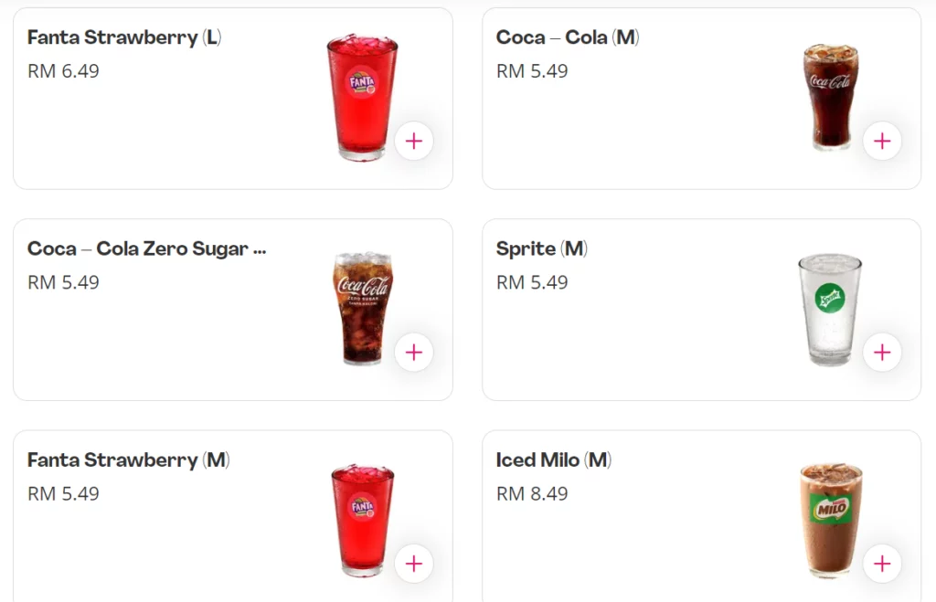 KFC BEVERAGES PRICES