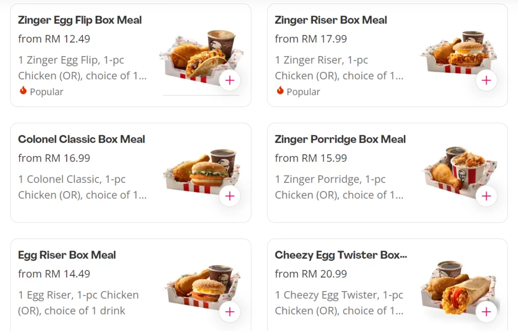 KFC BOX MEALS PRICES