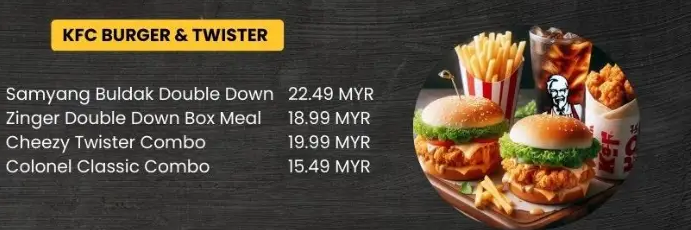 KFC BURGER & TWISTER MENU PRICES