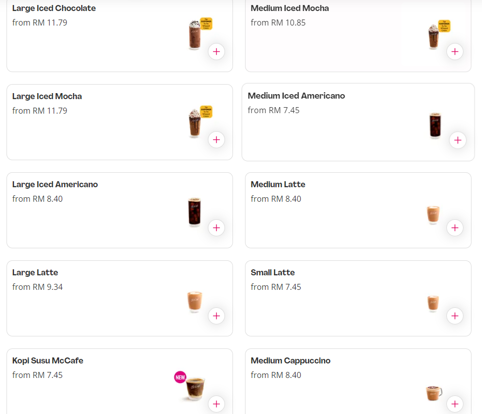 MCDONALD’S MCCAFE DRINKS PRICES