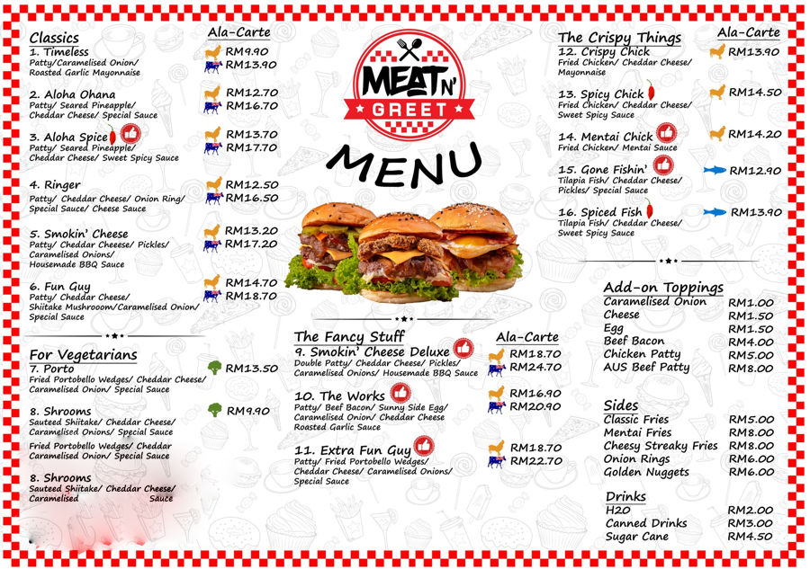 MEAT N’ GREET BURGERS MENU WITH PRICES