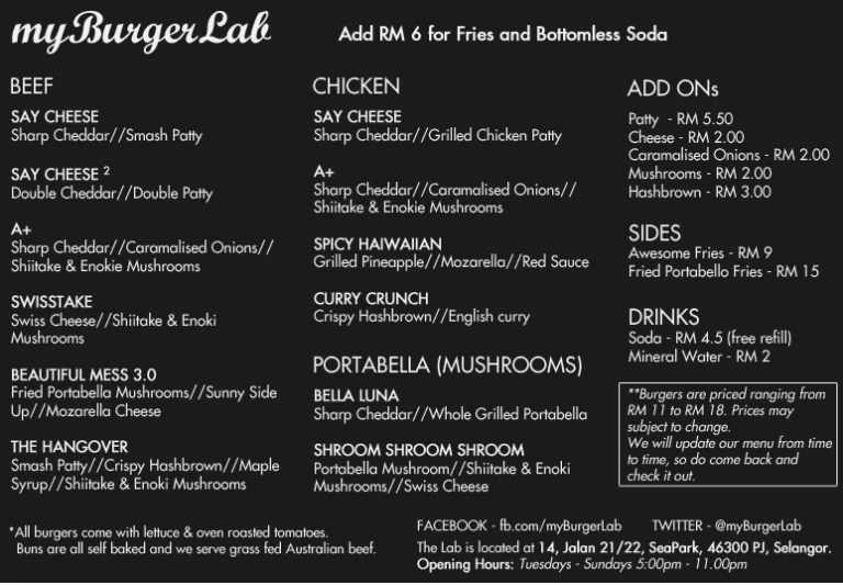 MyBurger Lab Menu Malaysia & Prices list updated