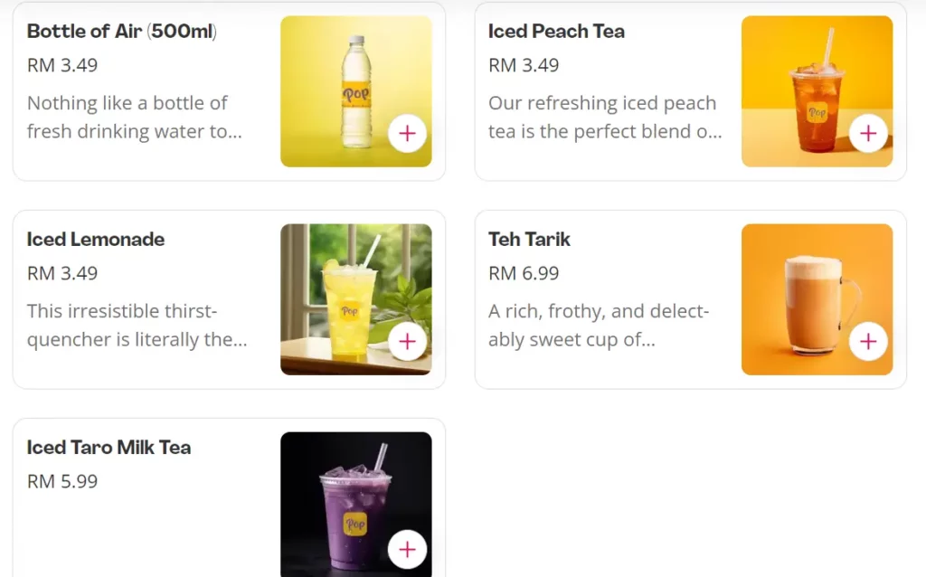 POP MEALS BEVERAGES PRICES