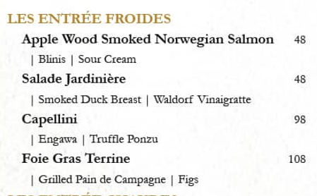 CHATEAU DIONNE ENTREE FROIDES MENU WITH PRICES