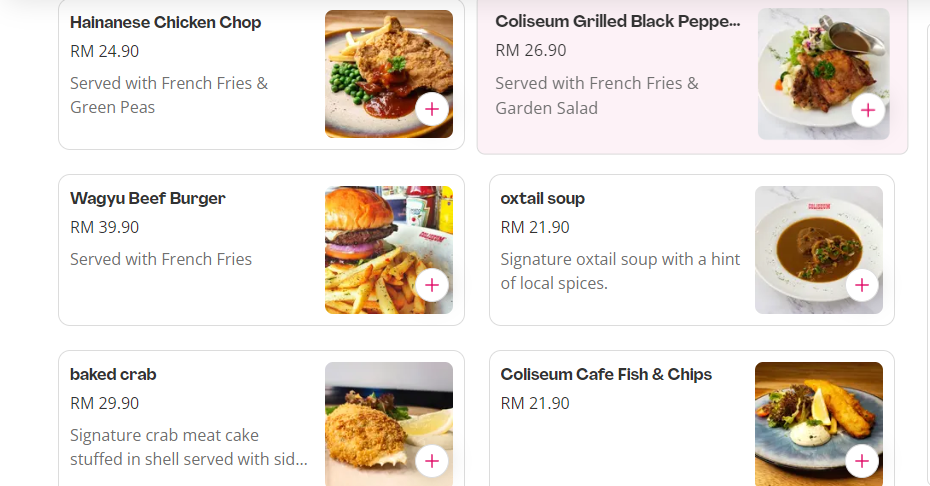 COLISEUM A LA CARTE MENU WITH PRICES