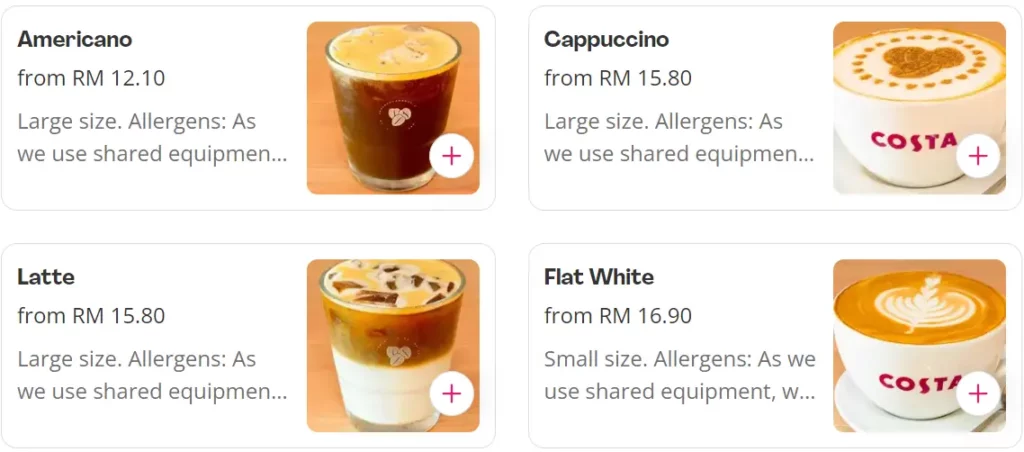 COSTA COFFEE CLASSIC MENU WITH PRICES