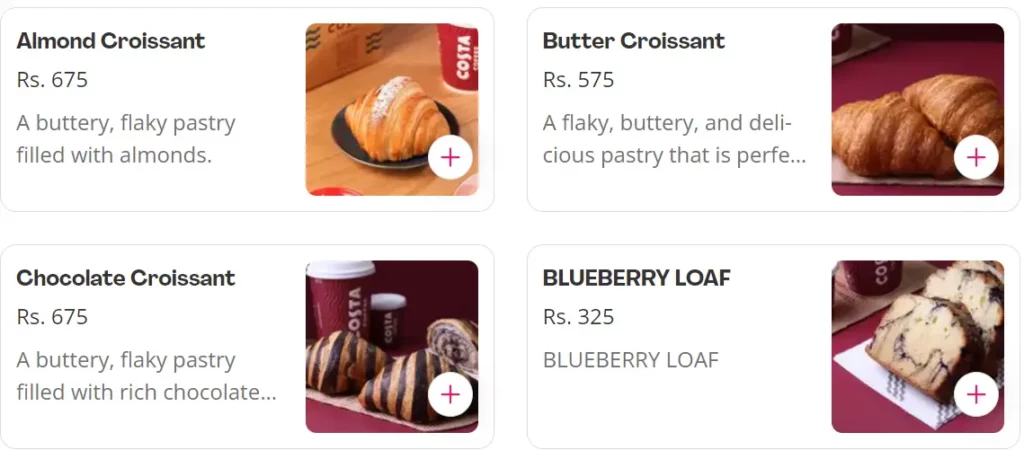 COSTA COFFEE PASTRIES PRICES