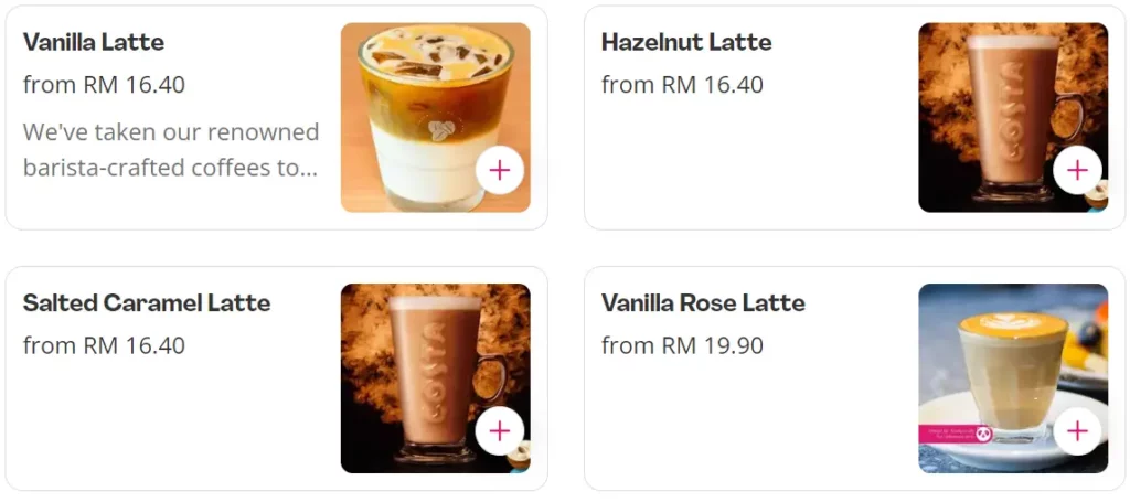 COSTA COFFEE SPECIALITY LATTE PRICES