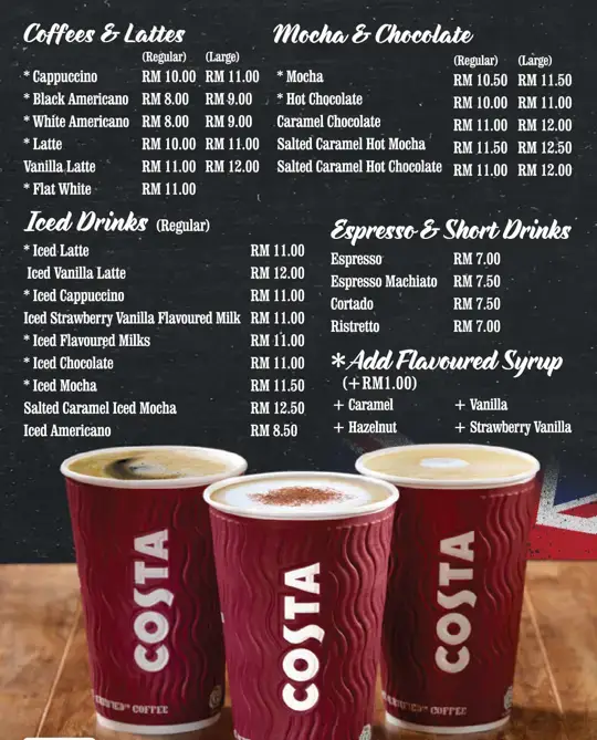 Costa Coffee Menu Malaysia & Prices 