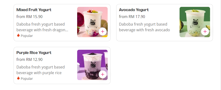 DABOBA YOGURT SERIES MENU PRICES