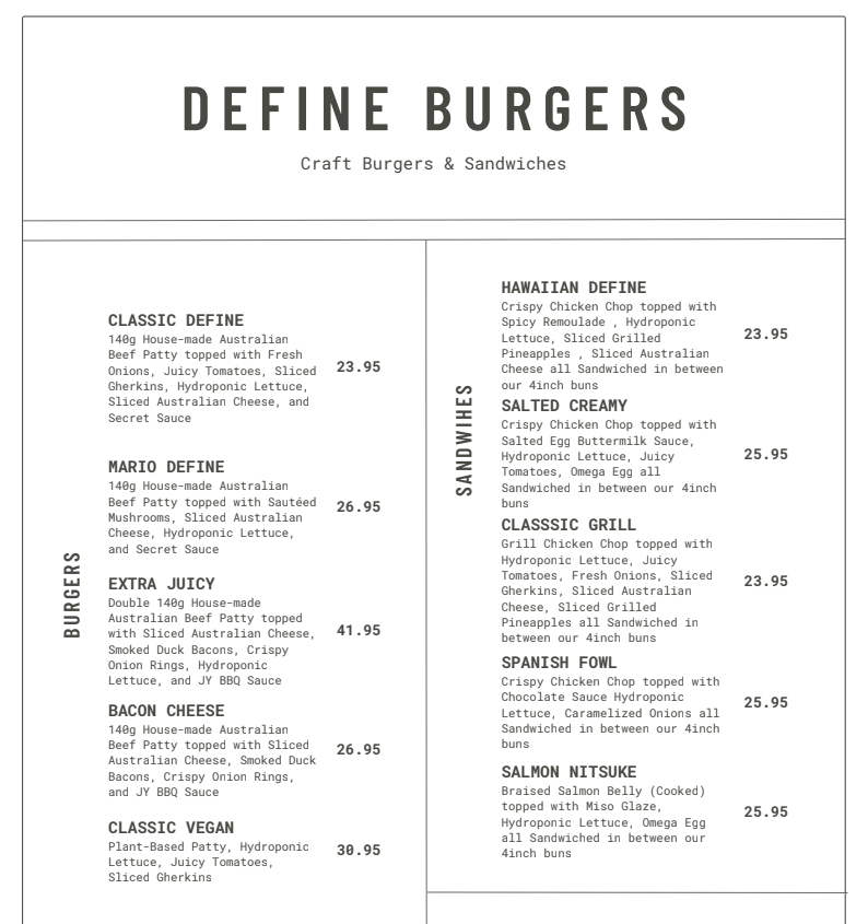 DEFINE BURGER MENU BURGERS WITH PRICES