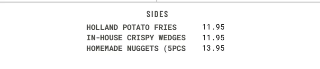 DEFINE BURGER SIDES PRICES