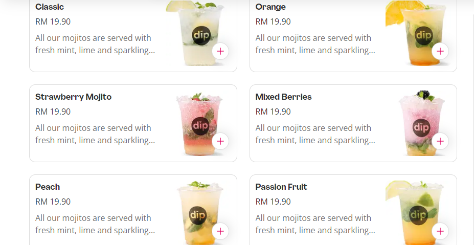 DIPNDIP MOJITO MENU PRICES