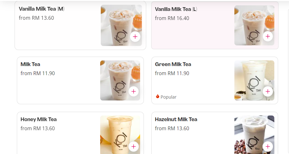 KOI THE MILK TEA & TEA LATTE PRICES