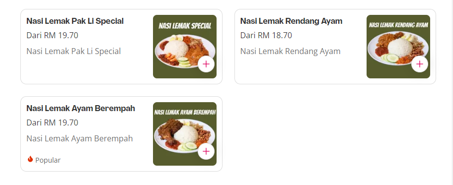 MENU PAK LI KOPITIAM NASI LEMAK PRICES