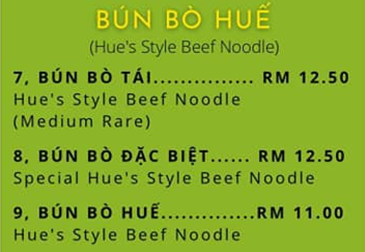 PHO 9TU HUE’S STYLE BEEF NOODLE PRICES