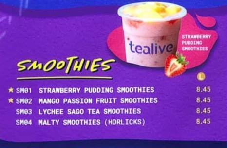 TEALIVE NEW – ICE FROSTY SMOOTHIE MENU WITH PRICES