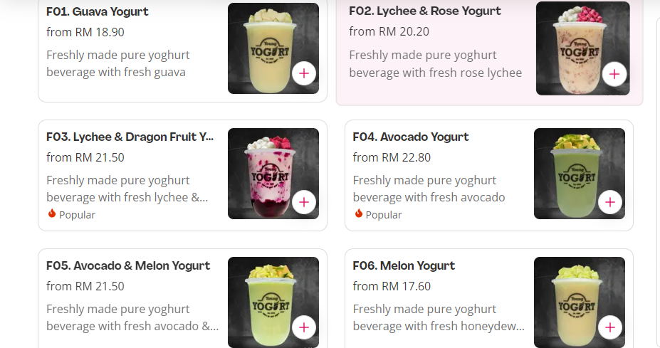 YOUNG YOGURT FRESH FRUIT SERIES MENU PRICES