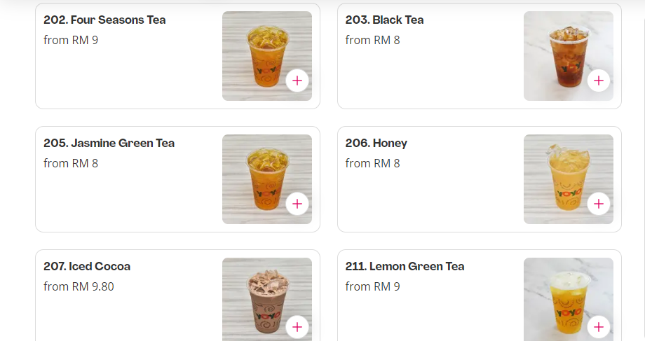 YOYO TEA & BEVERAGES PRICES