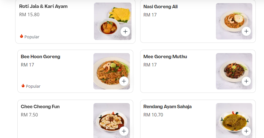 ALI, MUTHU & AH HOCK MENU OTHER FOOD PRICES