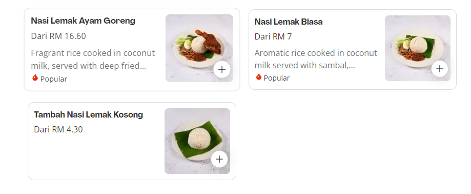 ALI, MUTHU & AH HOCK NASI LEMAK MENU WITH PRICES