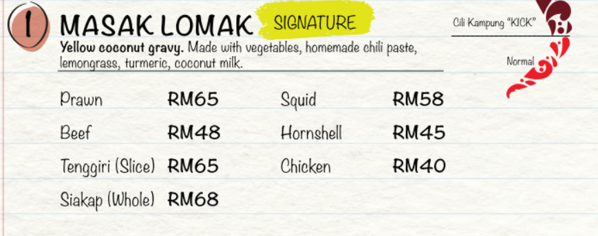 CILI KAMPUNG MASAK LOMAK MENU WITH PRICES