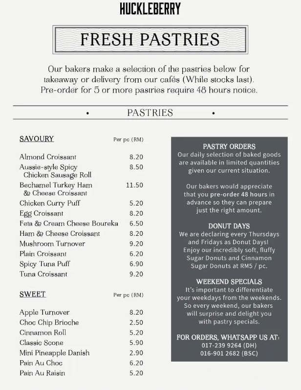 Huckleberry Menu Malaysia & Prices