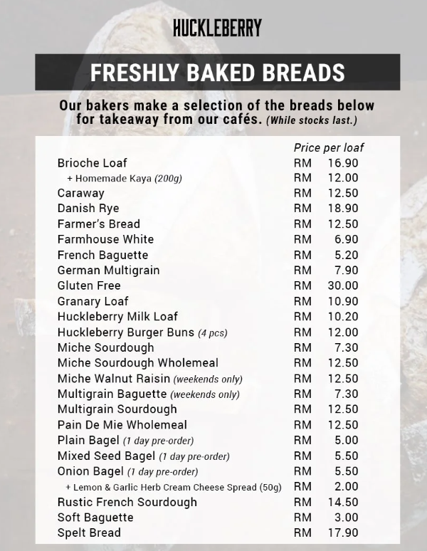 Huckleberry Menu Malaysia & Prices