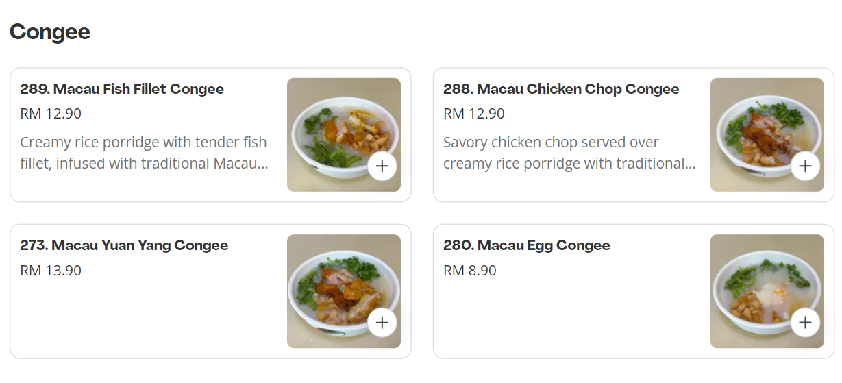 MACAU EXPRESS CONGEE PRICES