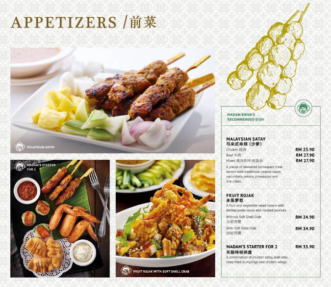 MADAM KWAN’S APPETIZERS MENU WITH PRICES