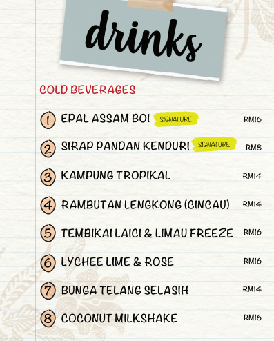 MENU CILI KAMPUNG DRINKS PRICES