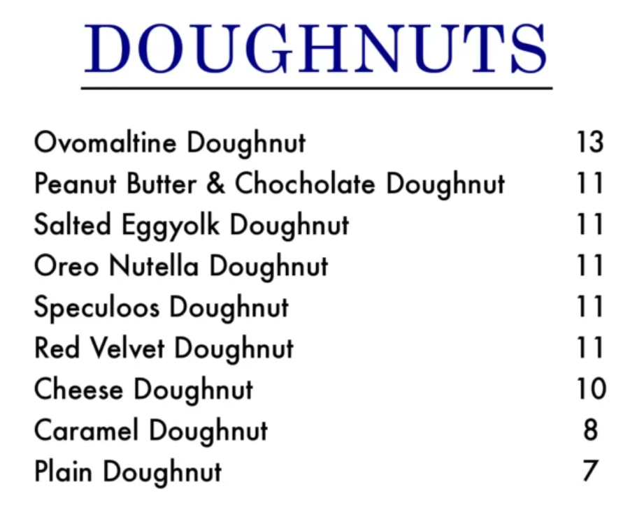 MENU DOTTY’S DOUGHNUT PRICES