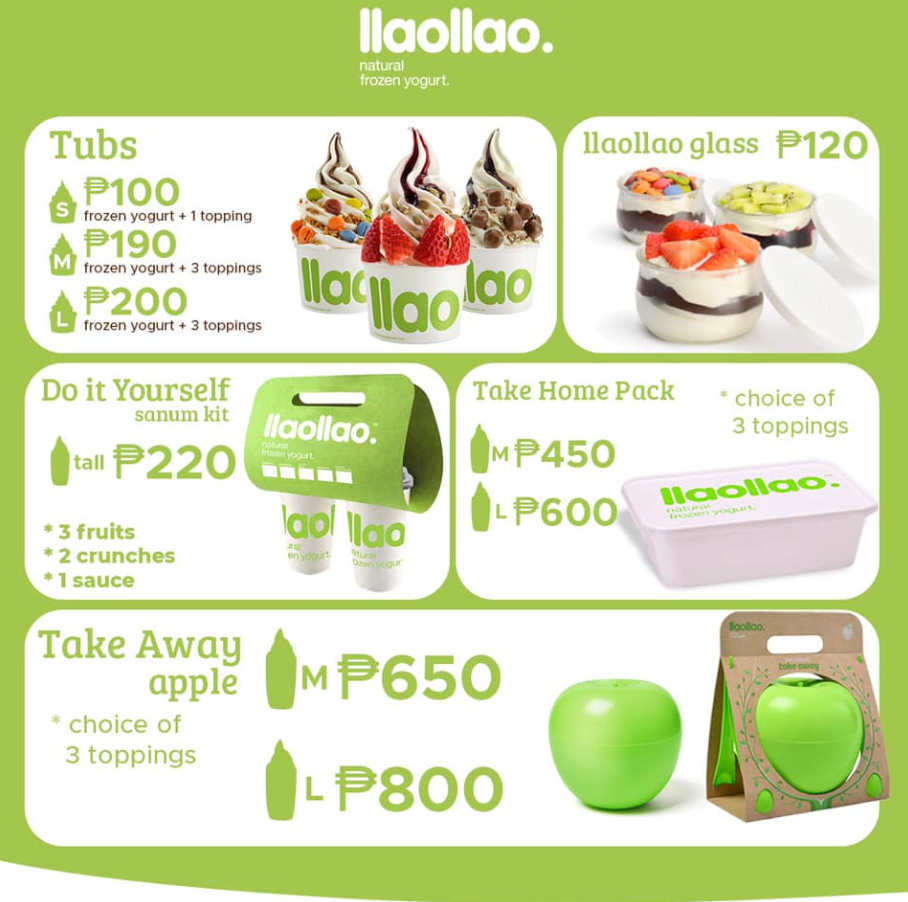 MENU LLAOLLAO TAKEAWAY PRICES