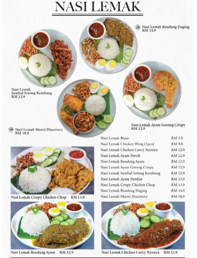 MURNI DISCOVERY NASI LEMAK MENU WITH PRICES