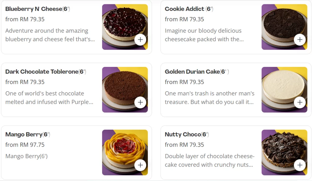 PURPLE MONKEY 6 INCH CAKE MENU WITH PRICES