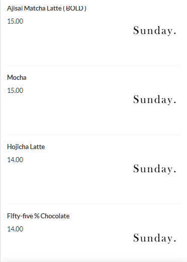 SUNDAY COFFEE & CAKES BEVERAGES PRICES