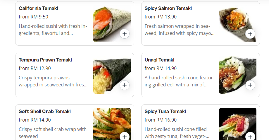 BURGER & SUSHI TEMAKI PRICES