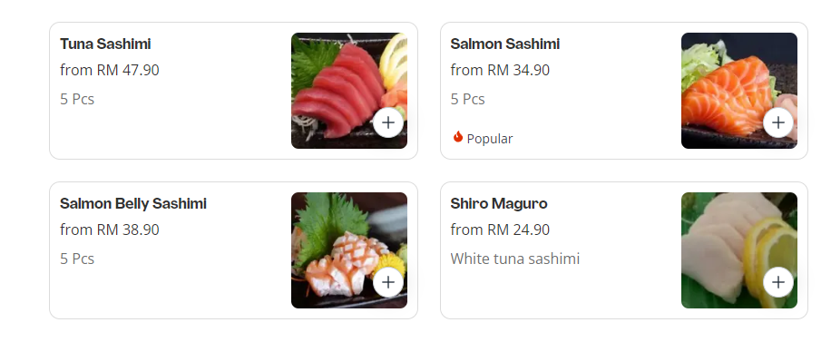 BURGER & SUSHI SASHIMI PRICES