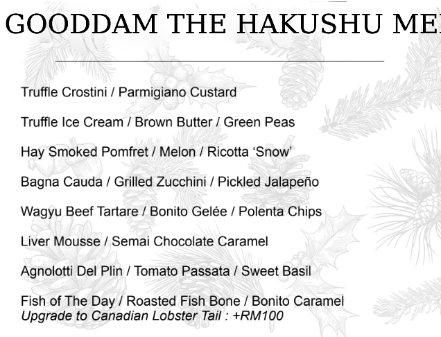 GOODDAM THE HAKUSHU MENU WITH PRICES