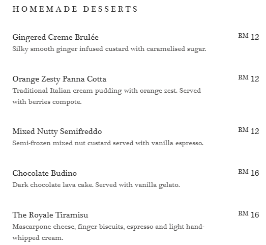 MENU BUCOLIC CAFE DESSERTS PRICES