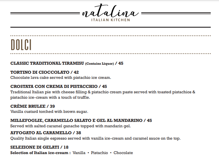 NATALINA DESSERTS MENU PRICES