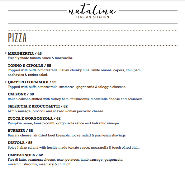 NATALINA PIZZA PRICES