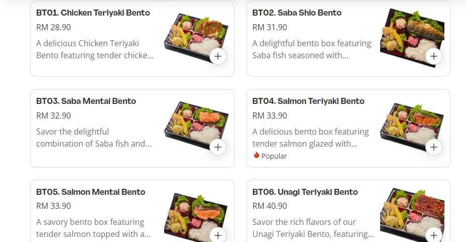 PAPA SUSHI BENTO PRICES