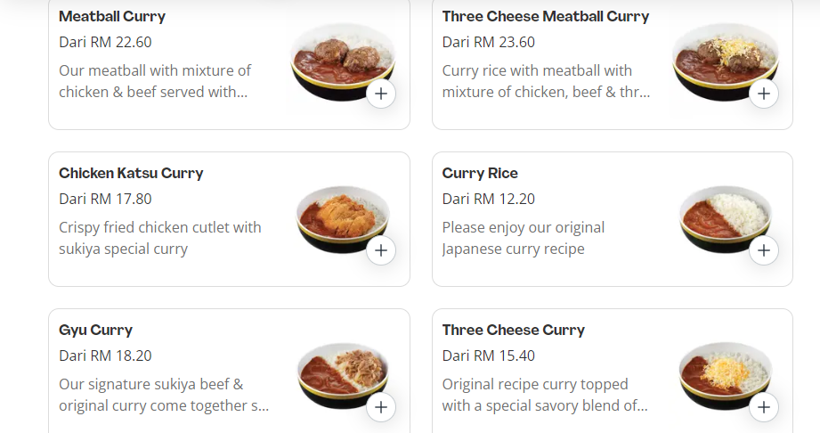 SUKIYA JAPANESE CURRY RICE PRICES