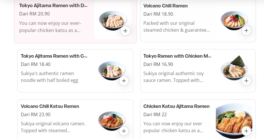 SUKIYA RAMEN NOODLES PRICES