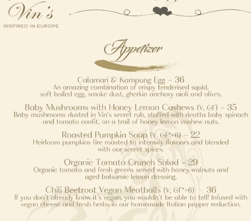 VIN’S APPETISERS MENU WITH PRICES