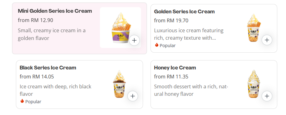 Bubblebee Ice Cream Series Menu Prices