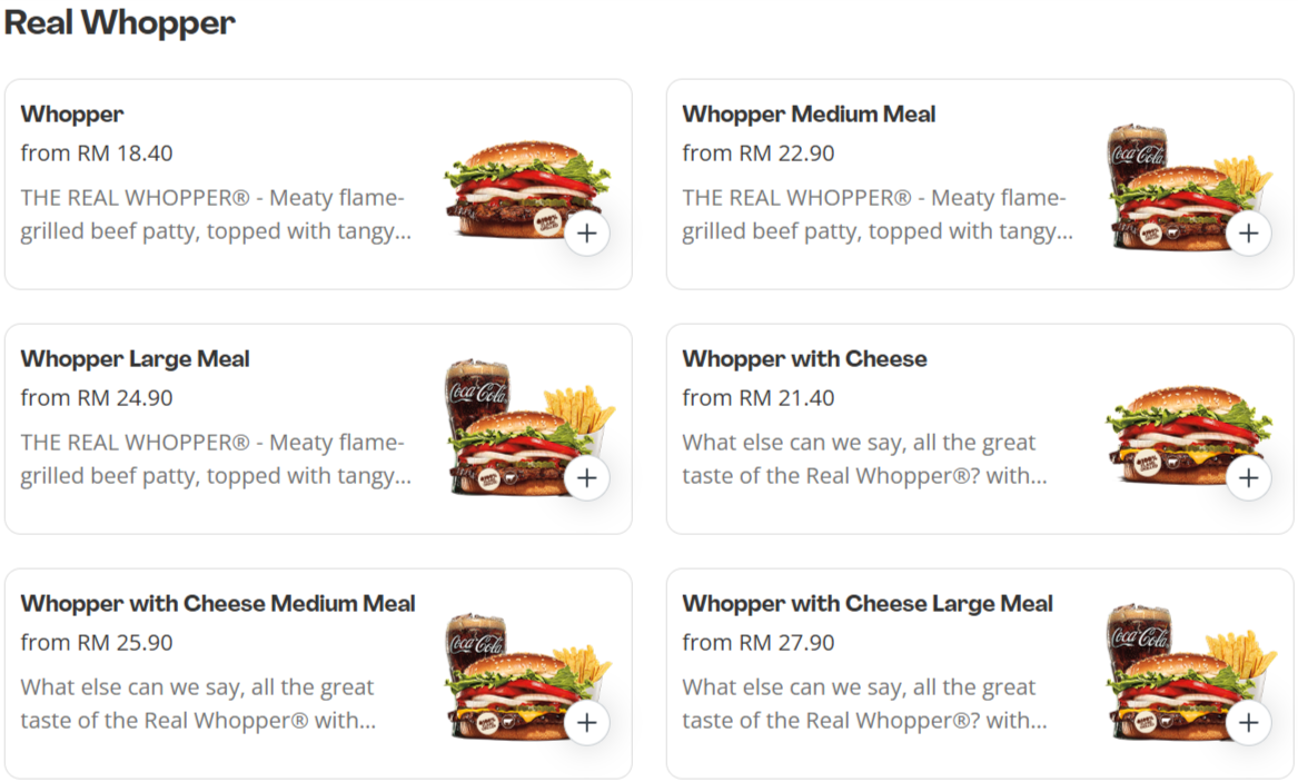 Burger King Real Whopper Menu Prices