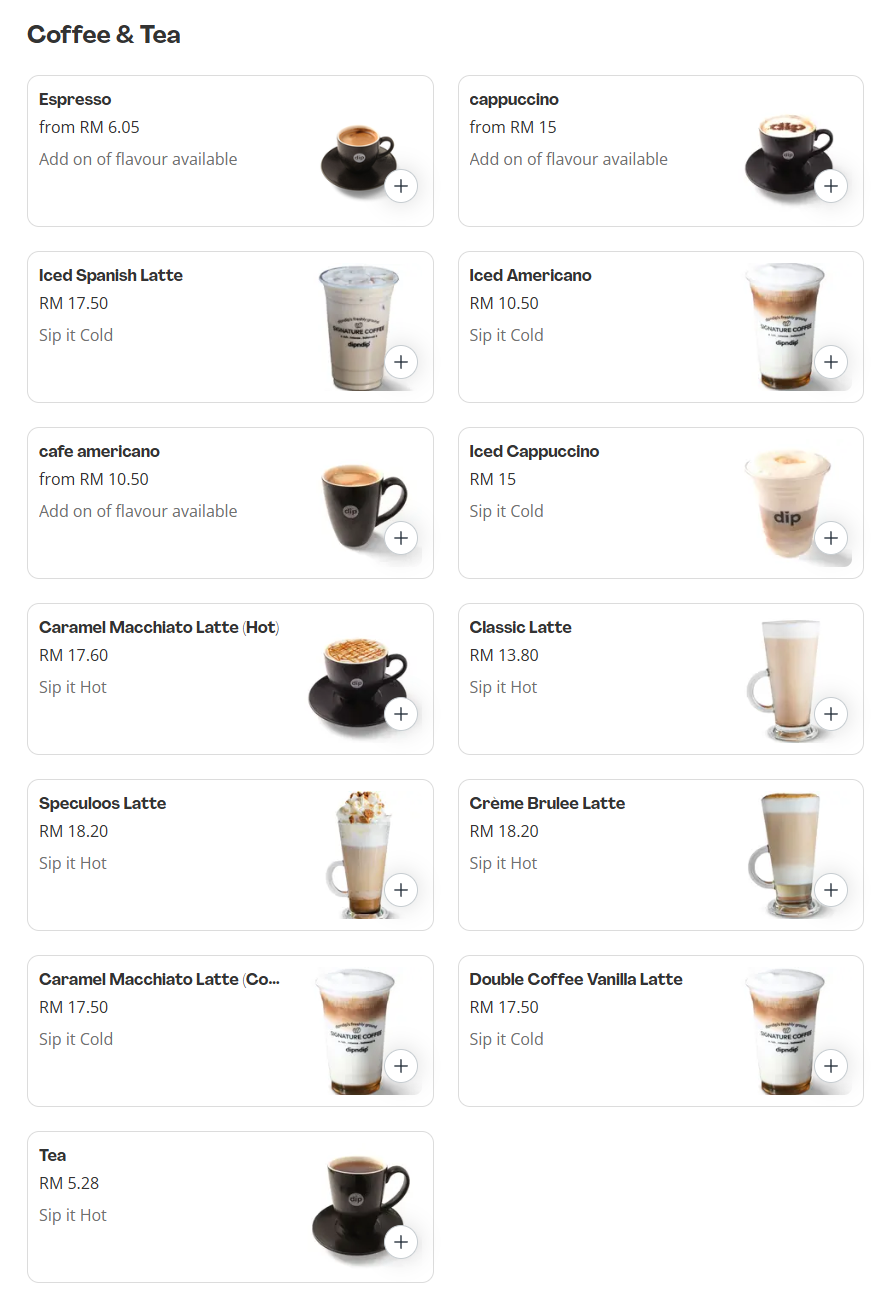 Dipndip Coffee & Tea Prices